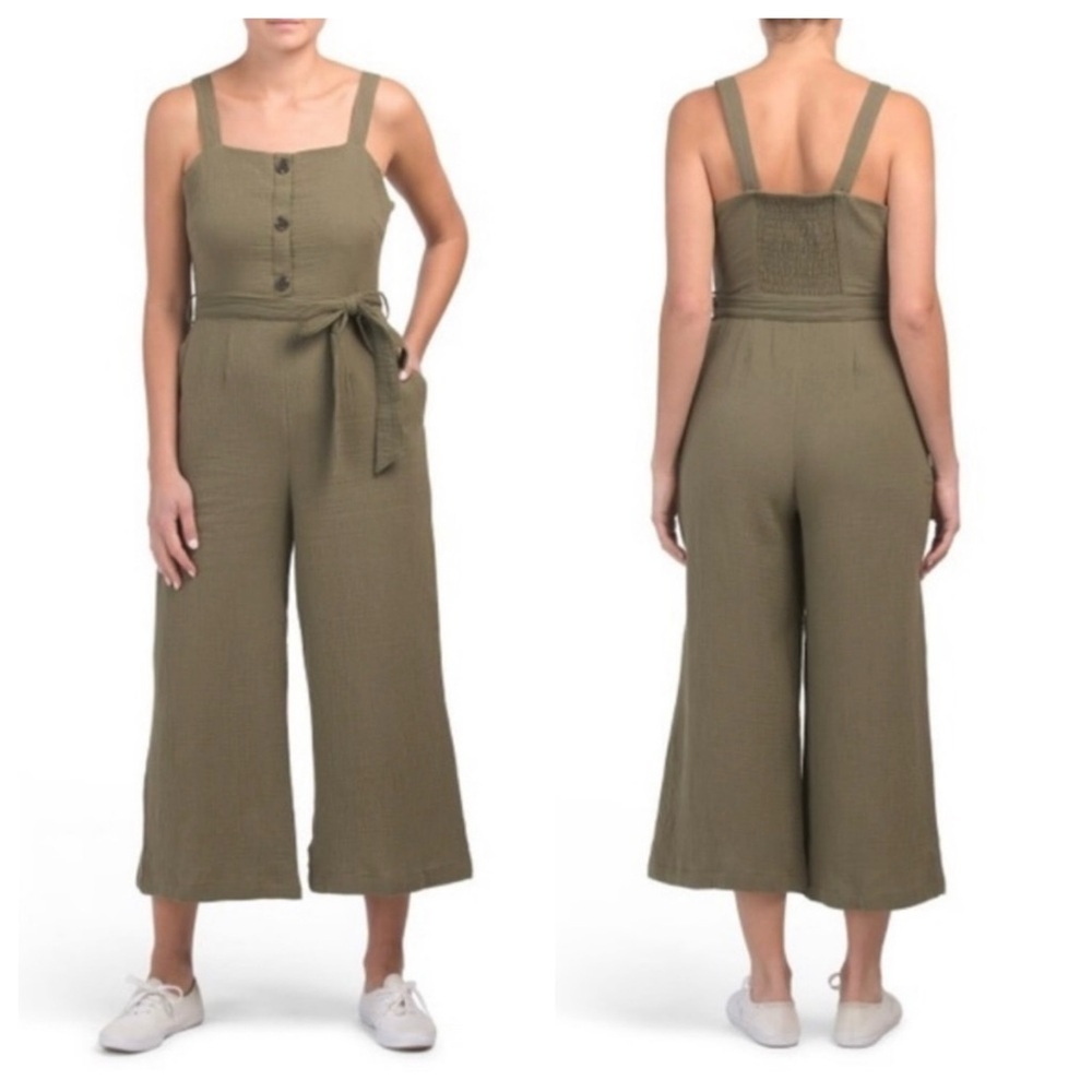 Rachel Zoe Olive Green Gauzy Crepe Cotton Wide Leg Crop Jumpsuit Pockets